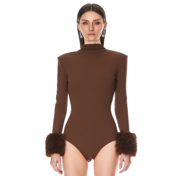 Bronx and Banco Long Sleeve Brown Bodysuit with Faux Fur Cuffs | Bodysuit | Coveti