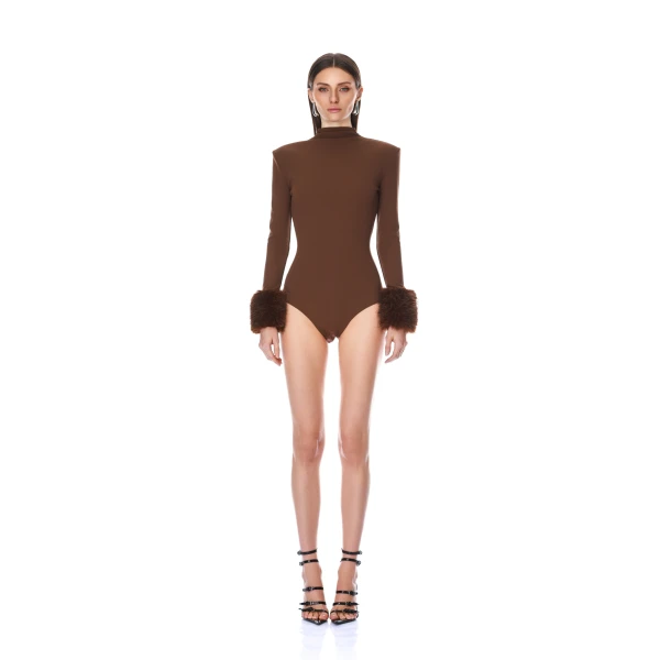 Long Sleeve Brown Bodysuit with Faux Fur Cuffs