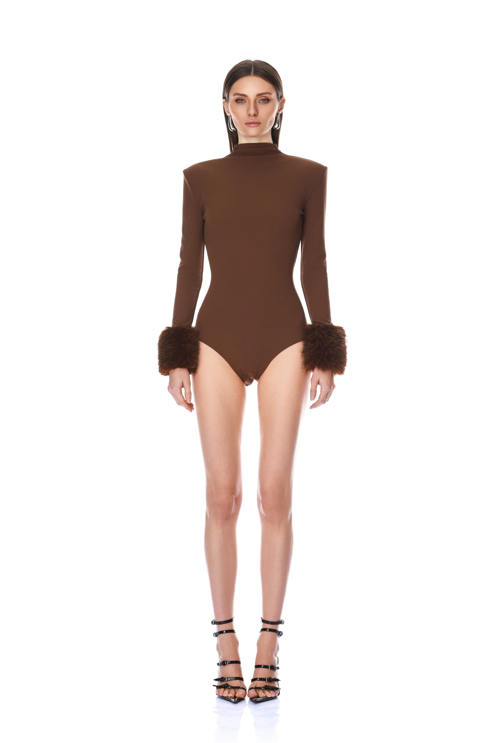 Bronx and Banco Long Sleeve Brown Bodysuit with Faux Fur Cuffs 2 Bronx and Banco Long Sleeve Brown Bodysuit with Faux Fur Cuffs | Bodysuit | Coveti