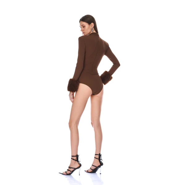 Bronx and Banco Long Sleeve Brown Bodysuit with Faux Fur Cuffs | Bodysuit | Coveti