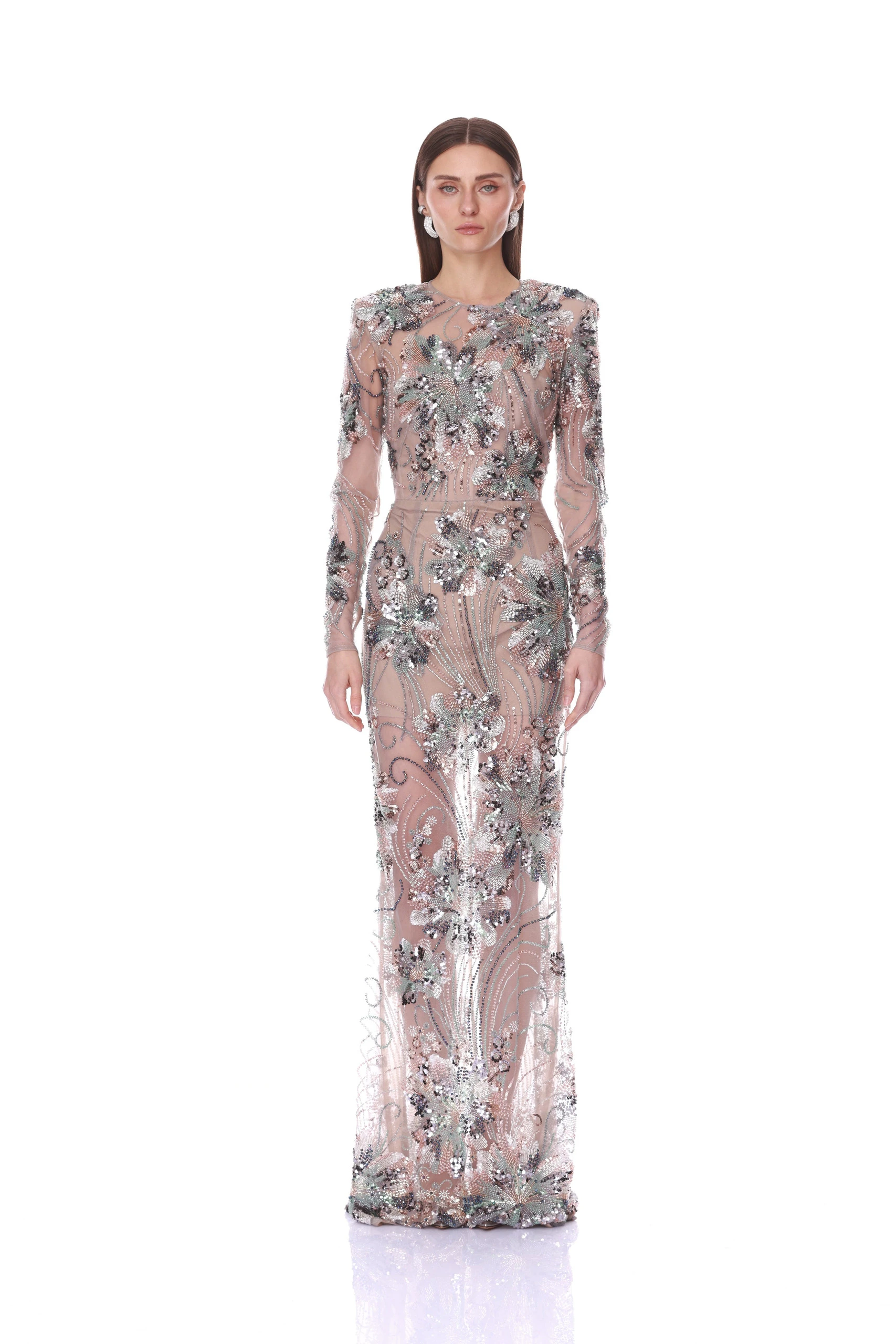 Bronx and Banco Long Sleeve Embellished Blue Multi Gown 1 Bronx and Banco Long Sleeve Embellished Blue Multi Gown | Evening Gowns | Coveti