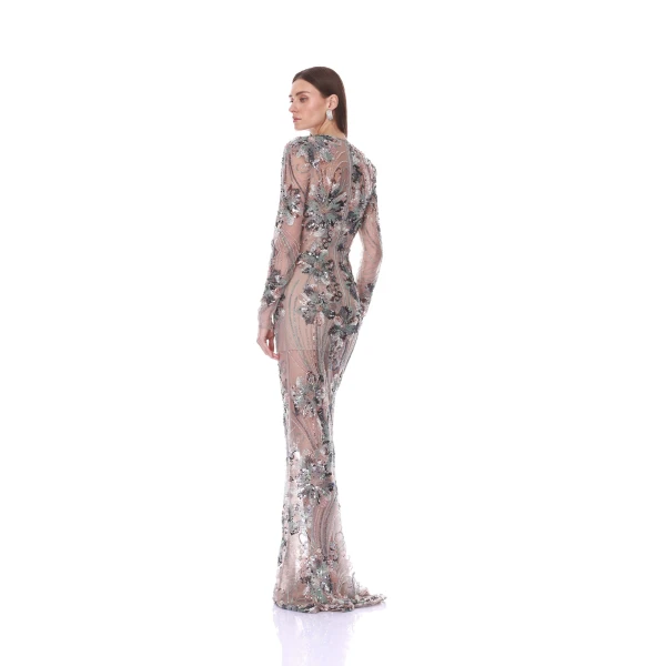 Bronx and Banco Long Sleeve Embellished Blue Multi Gown | Evening Gowns | Coveti