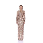 Bronx and Banco Long Sleeve Embellished Metallic Gown | Evening Gowns | Coveti