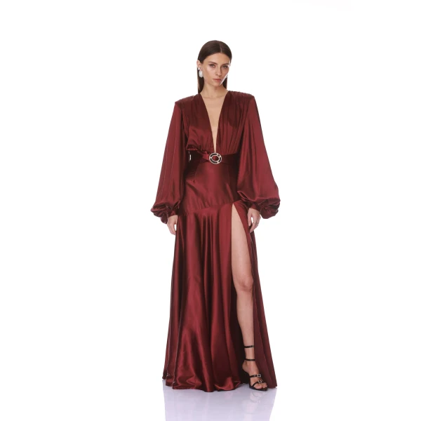 Bronx and Banco Long Sleeve V-Neck Burgundy Maxi Dress | Maxi Dresses | Coveti