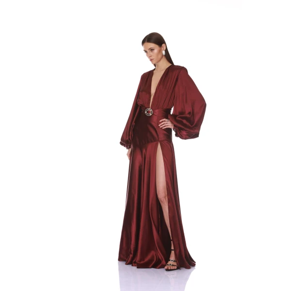 Bronx and Banco Long Sleeve V-Neck Burgundy Maxi Dress | Maxi Dresses | Coveti