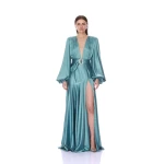 Bronx and Banco Long Sleeve V-Neck Turquoise Gown | Evening Gowns | Coveti