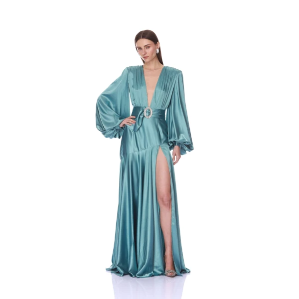Bronx and Banco Long Sleeve V-Neck Turquoise Gown | Evening Gowns | Coveti