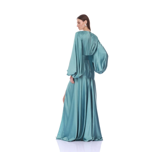 Bronx and Banco Long Sleeve V-Neck Turquoise Gown | Evening Gowns | Coveti