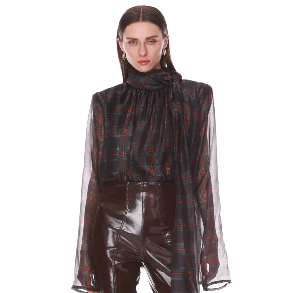 Plaid Long Sleeve Organza Blouse with Tie