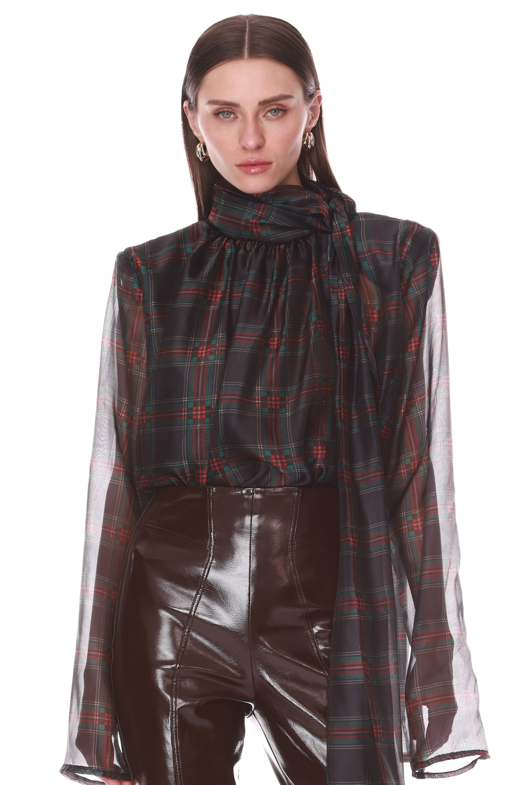Bronx and Banco Plaid Long Sleeve Organza Blouse with Tie 1 Bronx and Banco Plaid Long Sleeve Organza Blouse with Tie | Blouse | Coveti