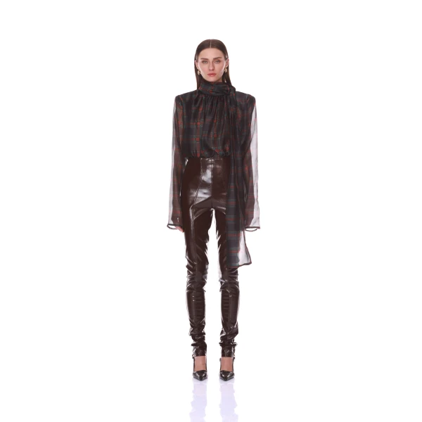 Bronx and Banco Plaid Long Sleeve Organza Blouse with Tie | Blouse | Coveti