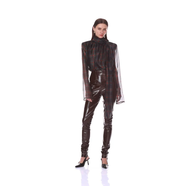 Bronx and Banco Plaid Long Sleeve Organza Blouse with Tie | Blouse | Coveti