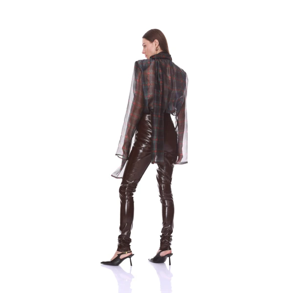 Bronx and Banco Plaid Long Sleeve Organza Blouse with Tie | Blouse | Coveti