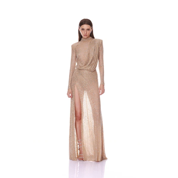 Bronx and Banco Samantha Long Sleeve Mockneck Embellished Gown | Evening Gowns | Coveti