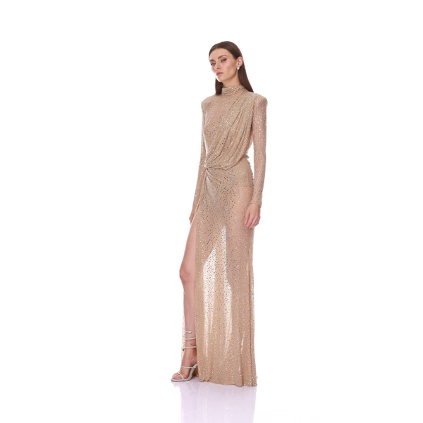 Bronx and Banco Samantha Long Sleeve Mockneck Embellished Gown | Evening Gowns | Coveti