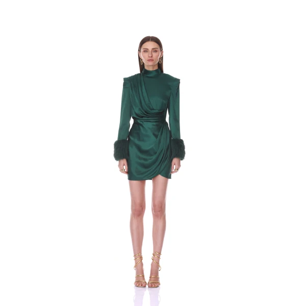 Silky Long Sleeve Mini Dress with Faux Fur Cuff
