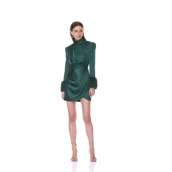 Bronx and Banco Silky Long Sleeve Mini Dress with Faux Fur Cuff | Mini Dresses | Coveti