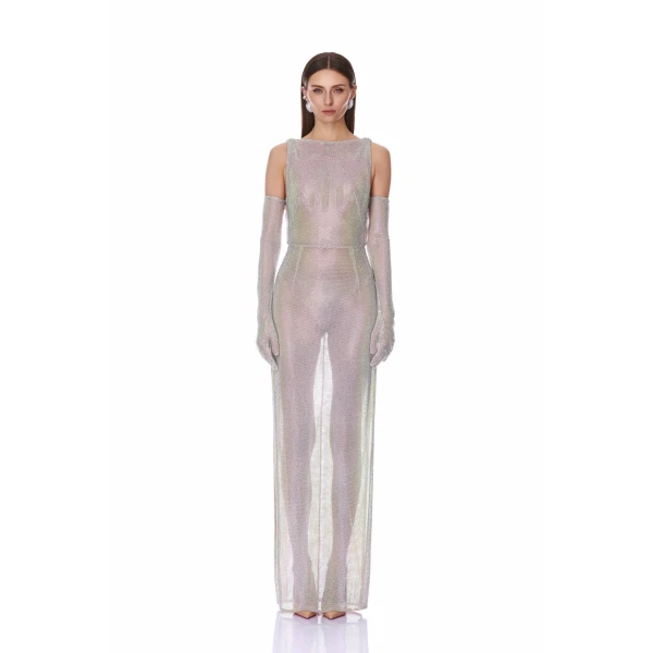 Bronx and Banco Sleeveless Diamond Embellished Maxi Dress with Gloves | Maxi Dresses | Coveti