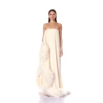 Bronx and Banco Strapless Chiffon Gown with Feather Trim | Evening Gowns | Coveti
