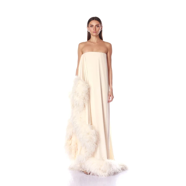 Bronx and Banco Strapless Chiffon Gown with Feather Trim | Evening Gowns | Coveti