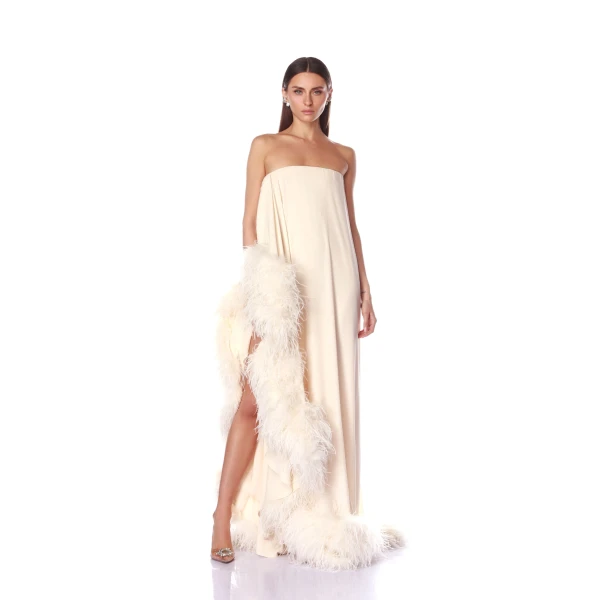 Bronx and Banco Strapless Chiffon Gown with Feather Trim | Evening Gowns | Coveti