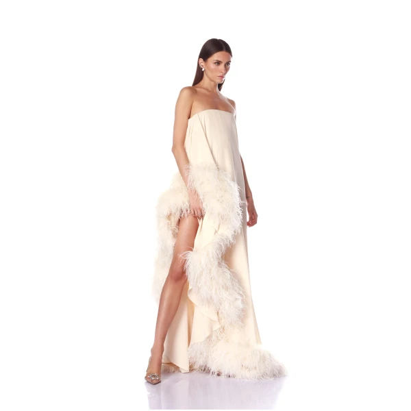 Bronx and Banco Strapless Chiffon Gown with Feather Trim | Evening Gowns | Coveti