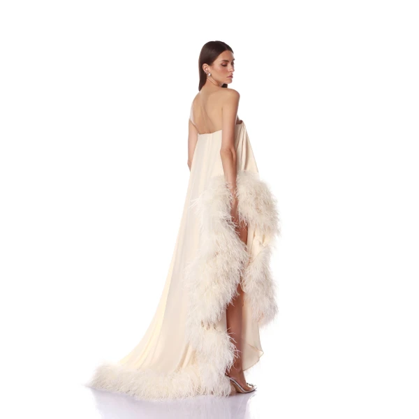 Bronx and Banco Strapless Chiffon Gown with Feather Trim | Evening Gowns | Coveti