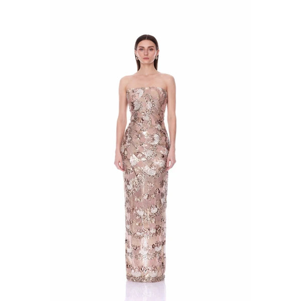 Strapless Embellished Metallic Maxi Dress