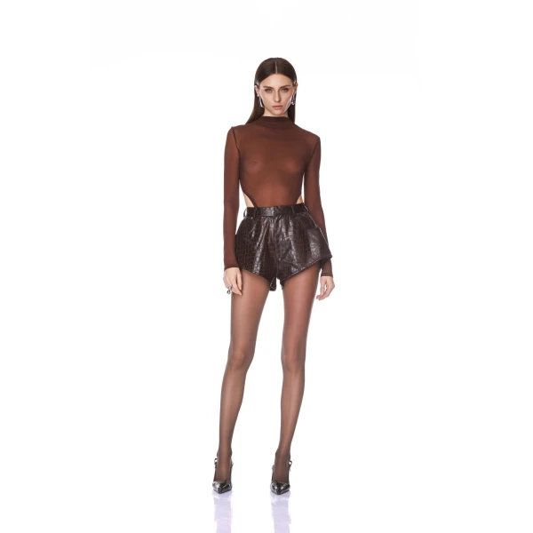 Bronx and Banco Vegan Croc Embossed Dark Brown Shorts | Shorts | Coveti