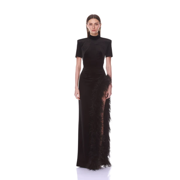 Bronx and Banco Velvet Maxi Dress with Feather Trim | Maxi Dresses | Coveti
