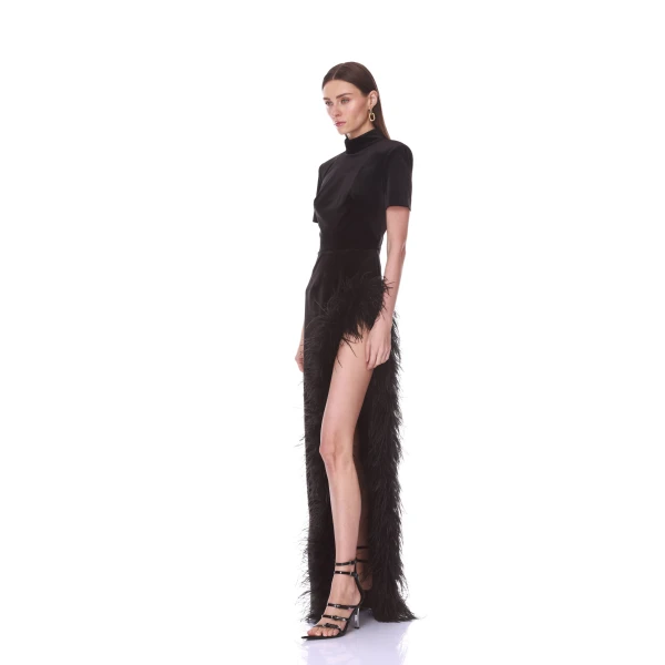 Bronx and Banco Velvet Maxi Dress with Feather Trim | Maxi Dresses | Coveti