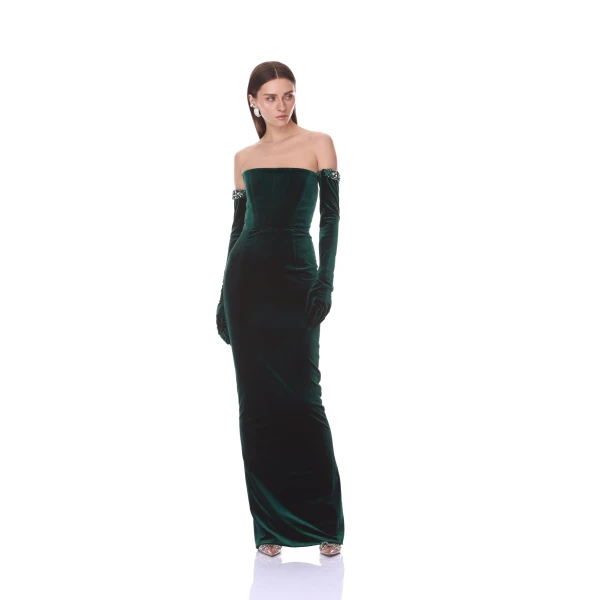 Bronx and Banco Velvet Strapless Maxi Dress with Gloves | Maxi Dresses | Coveti