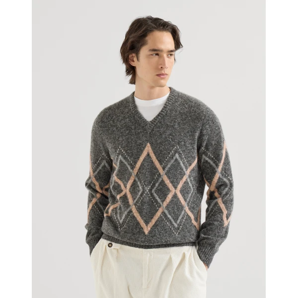 Brunello Cucinelli Argyle intarsia sweater in Dark Grey, view 2 | Knitwear | Coveti