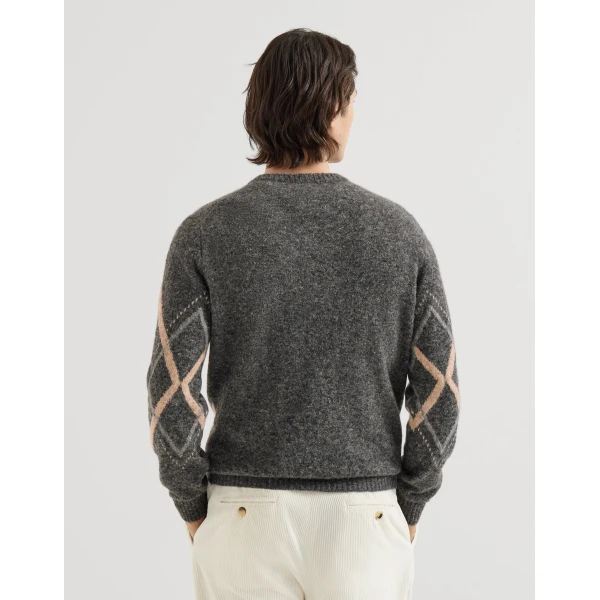 Brunello Cucinelli Argyle intarsia sweater in Dark Grey, view 3 | Knitwear | Coveti