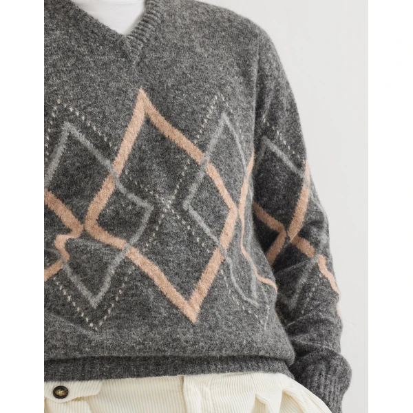 Brunello Cucinelli Argyle intarsia sweater in Dark Grey, view 4 | Knitwear | Coveti