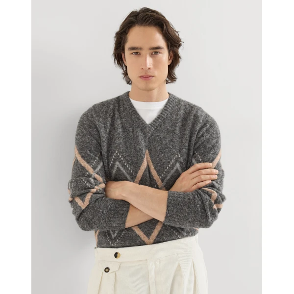 Brunello Cucinelli Argyle intarsia sweater in Dark Grey, view 5 | Knitwear | Coveti