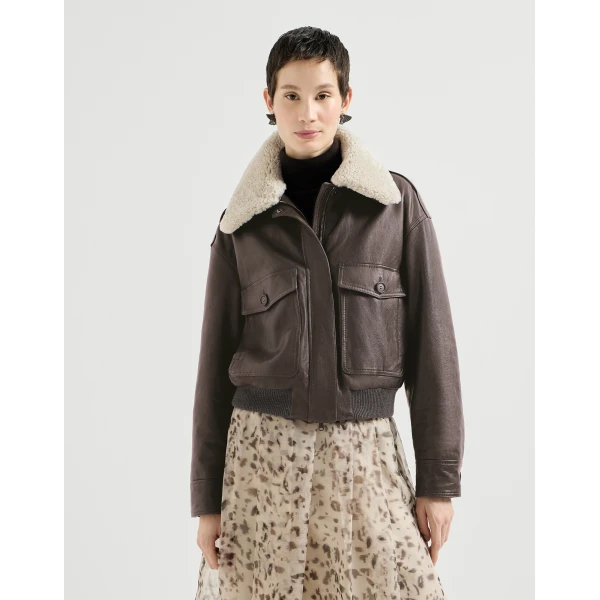 Aviator jacket with detachable collar in Coffee - Image 2