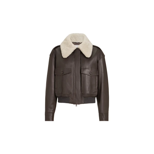 Aviator jacket with detachable collar in Coffee