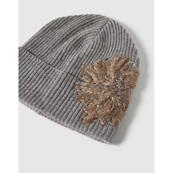 Brunello Cucinelli Beanie with whispering bloom embroidery in Dark Grey, view 2 | Hats | Coveti
