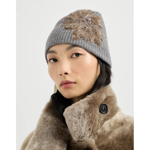 Brunello Cucinelli Beanie with whispering bloom embroidery in Dark Grey, view 3 | Hats | Coveti