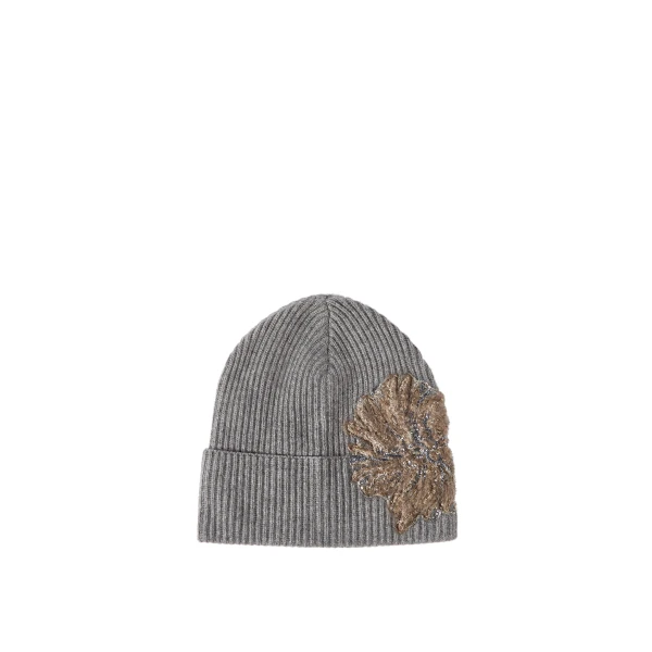 Brunello Cucinelli Beanie with whispering bloom embroidery in Dark Grey | Hats | Coveti