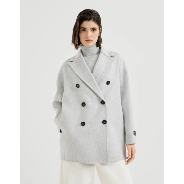 Brunello Cucinelli Beaver pea coat with Precious Patch in Light Grey