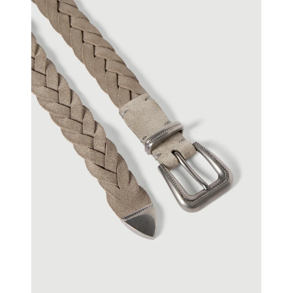 Brunello Cucinelli Braided leather belt in Light Grey, view 2 | Belts | Coveti