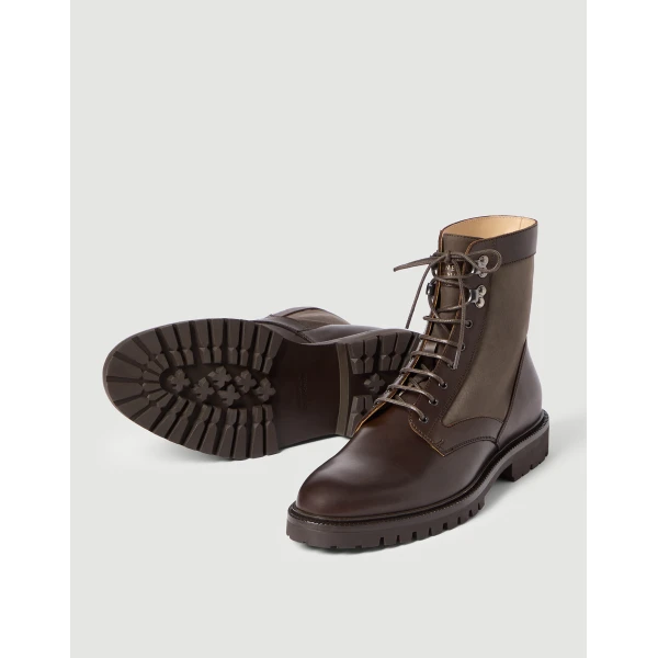 Brunello Cucinelli Calfskin and techno fabric boots in Coffee, view 3 | Boots | Coveti