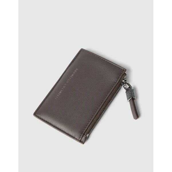 Brunello Cucinelli Calfskin card case with monili in Rust Brown, view 3 | Wallets & Purses | Coveti