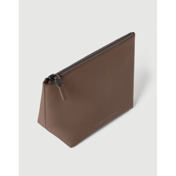 Brunello Cucinelli Calfskin pouch with monili in Brown Gianduia, view 3 | Wallets & Purses | Coveti
