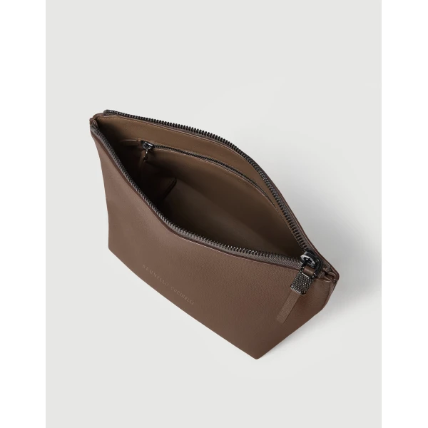 Brunello Cucinelli Calfskin pouch with monili in Brown Gianduia, view 4 | Wallets & Purses | Coveti