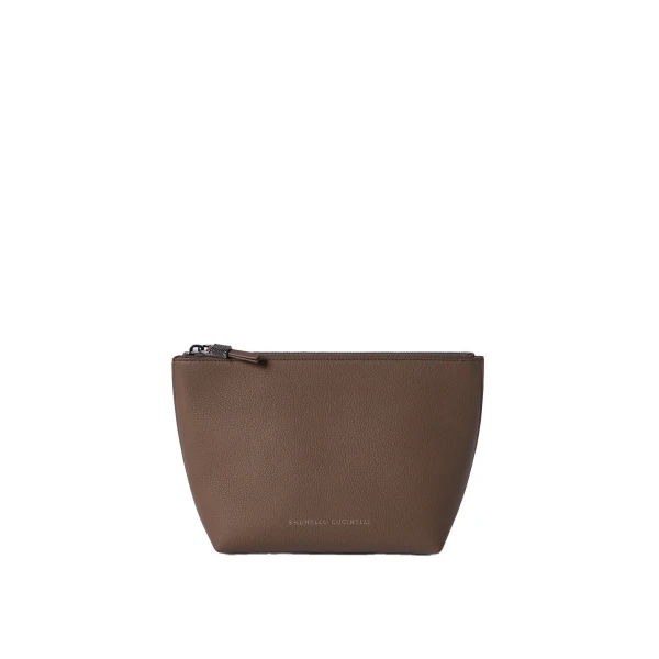 Brunello Cucinelli Calfskin pouch with monili in Brown Gianduia | Wallets & Purses | Coveti