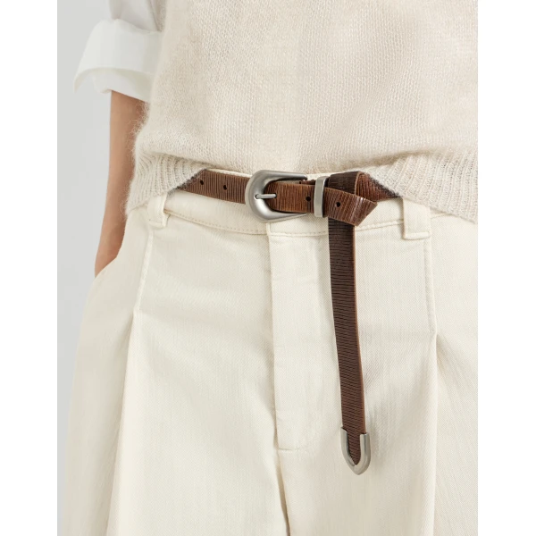 Brunello Cucinelli Carved leather belt in Light Brown, view 3 | Belts | Coveti