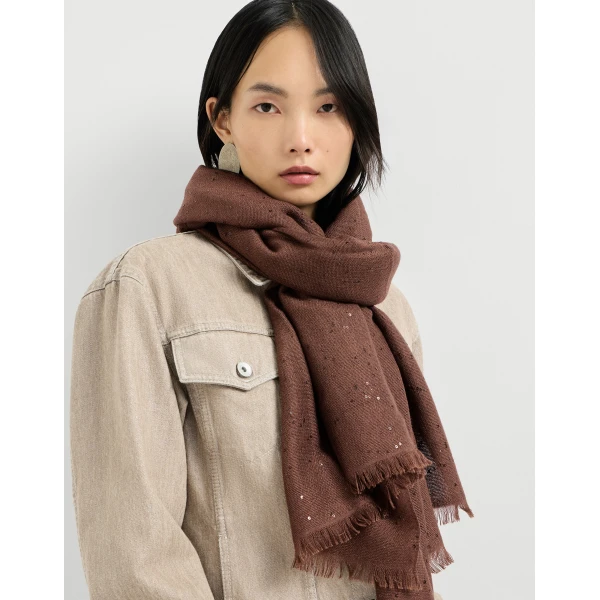 Brunello Cucinelli Cashmere and silk Diamond yarn scarf in Brown, view 4 | Scarves | Coveti